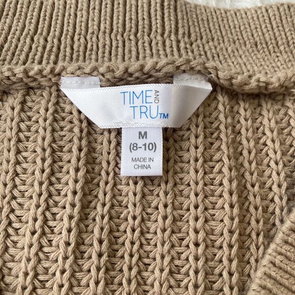 Time & Tru Sweater Sz M Brown V-Neck Raglan Long Sleeve Chunky Pullover Cotton - Picture 4 of 9